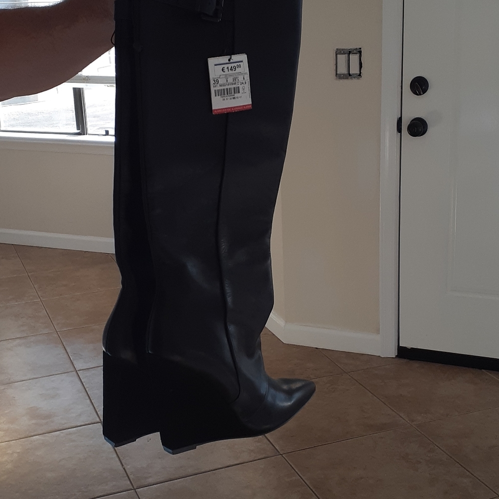 Zara black leather wedge boots. NEW!